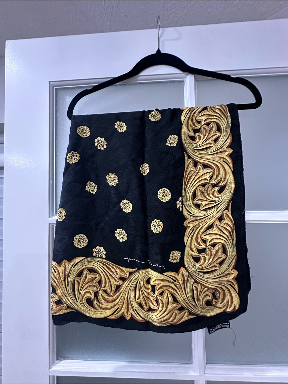 Vintage Jeannene Booher for Maggy London Black Gold 100% Silk Square Scarf